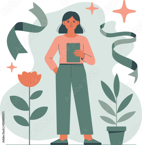 Vector illustration of a woman holding a notebook, surrounded by plants, ribbons, and stars, flat design style, isolated on white