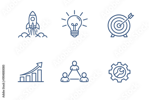 Startup line icon set with six editable stroke vector symbols. Clean outline style for business ideas, innovation platforms, dashboards and startup web interfaces.