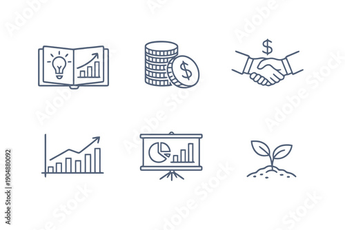 Startup funding line icon set with six editable stroke vector symbols. Clean outline style for investment platforms, pitch decks, dashboards and business finance interfaces.