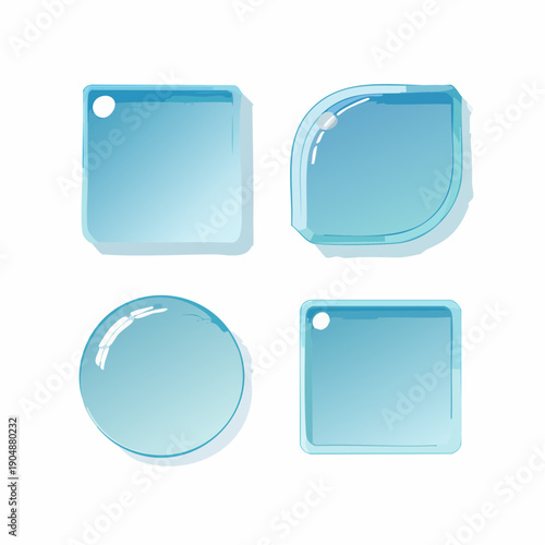 A collection of four translucent blue geometric shapes with rounded corners and subtle highlights, appearing like water droplets or glass