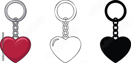 Heart shaped keychain silhouette & Outline and illustration set isolated on transparent background