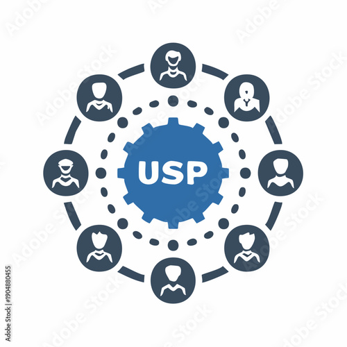 USP concept with a central gear and surrounding of people, connected by dotted lines forming a collaborative network