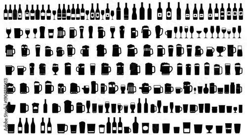 Extensive collection of wine and beer glasses and bottles