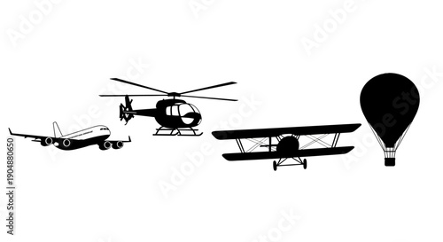 Collection of various aircraft silhouettes including airplane, helicopter, biplane, and balloon