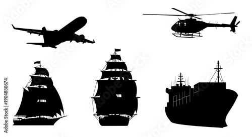 Silhouettes of various transportation vehicles in flight and sailing