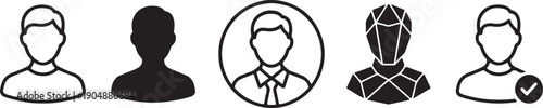 A row of five user profile icons in different styles, including solid and outline forms, with variations for selection and removal Vector