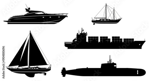 Collection of luxury yacht, sailboat, cargo ship, submarine silhouettes