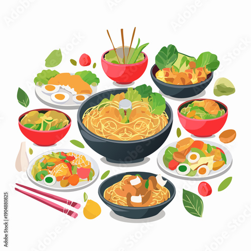 A vibrant flat showcasing a diverse spread of Asian noodle dishes and side accompaniments arranged in a visually appealing circular composition against a clean white background