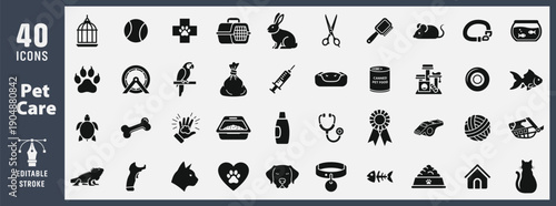 Paws and Whiskers Pet Care Veterinary Icons Glyph Vector Set