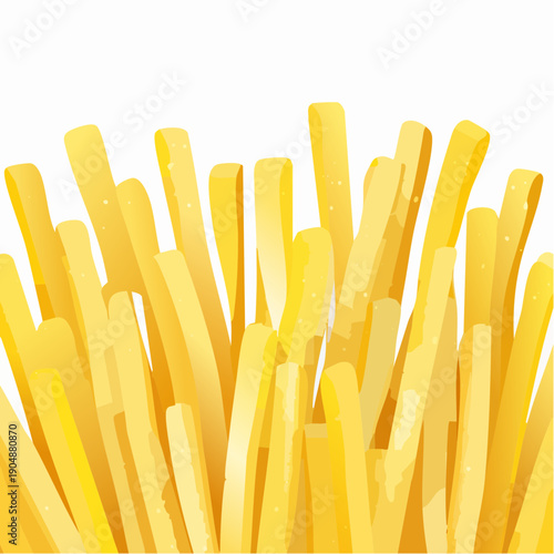 An abstract close-up of a multitude of golden yellow french fries, presented in a dense, textured arrangement against a stark white background