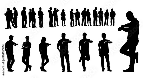 Diverse group of people silhouettes in various poses and actions