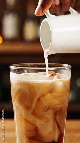 Close up of milk mixing with iced coffee in a glass on a wooden counter in a cafe as a person pours from a white ceramic jug