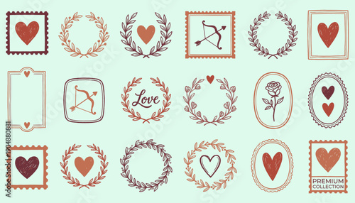 Vintage Valentine doodle collection with floral wreaths and heart stamps