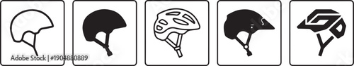A collection of five different black and white cycling helmet icons and illustrations Vector