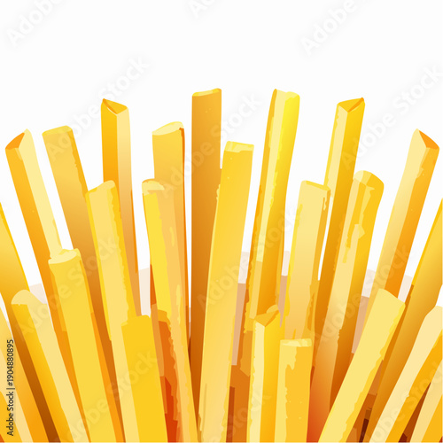 Close up of golden french fries against a clean white background with a shallow depth of field effect