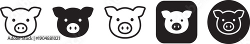 A collection of minimalist pig head icons presented in different styles for user interface design purposes. Vector