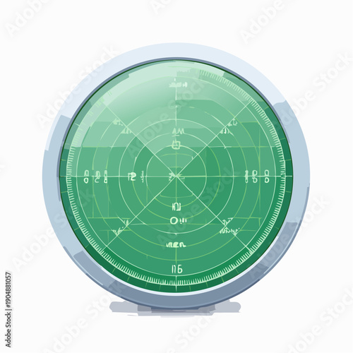 Green radar display screen with a reflective surface and a silver rim, featuring a central crosshair and various numerical indicators