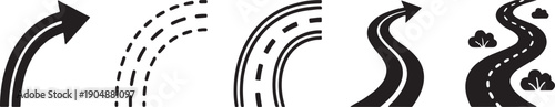 A collection of five black and white icons depicting various styles of winding paths and roads