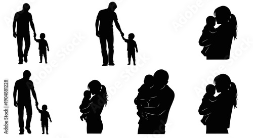 Parents holding and walking with children silhouettes
