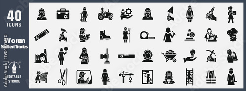 She Builds Women in Skilled Trades Construction and Labor Icons Glyph Vector Set
