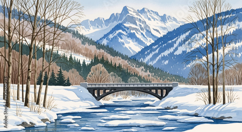 A serene watercolor painting of a snow-covered landscape with a bridge over a partially frozen river, surrounded by majestic mountains and bare trees