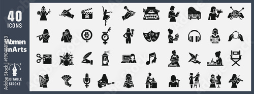 She Creates Women in Arts Media and Content Creation Icons Glyph Vector Set