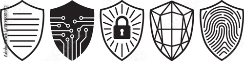 A collection of five different cybersecurity dashboard icons, featuring shield shapes with various security symbols.