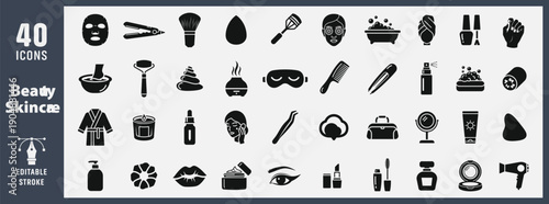 Glow and Care Beauty Skincare and Self Care Rituals Icons Glyph Vector Pack