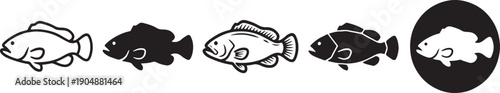A sequence of five small fish icons in black and white, showing different styles from outlines to silhouettes