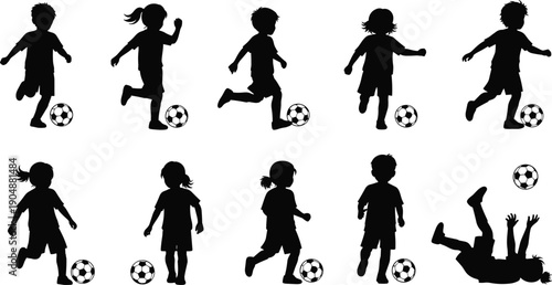 Children soccer player silhouette set with boys and girls playing football kicking ball running and dribbling for sports academy and youth athletics.