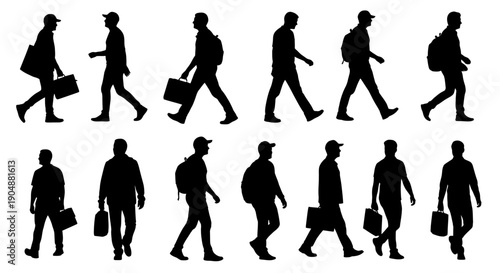 Silhouettes of businessmen walking with briefcases and backpacks