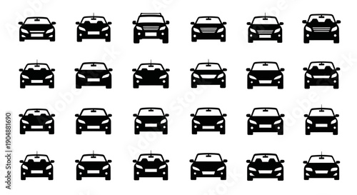 Collection of twenty one modern car silhouettes on white background