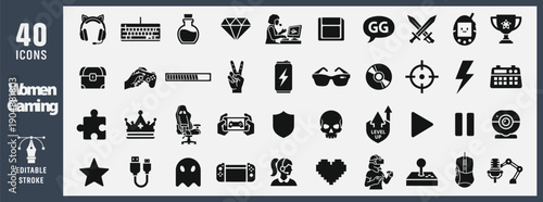Level Up Women in Gaming Esports and Streaming Icons Glyph Vector Set