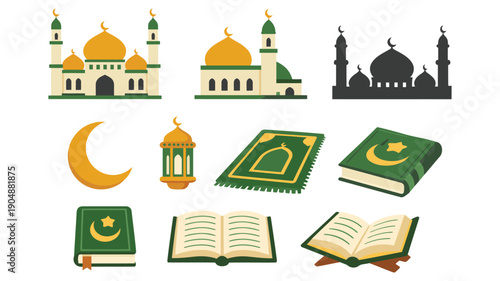 Illustrated collection of islamic religious symbols and books