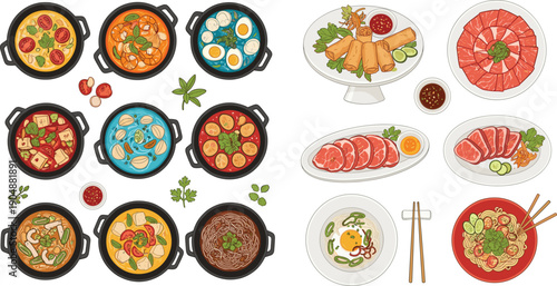 Asian cuisine set featuring hot pots, noodle bowls, spring rolls, and traditional meat dishes.\
