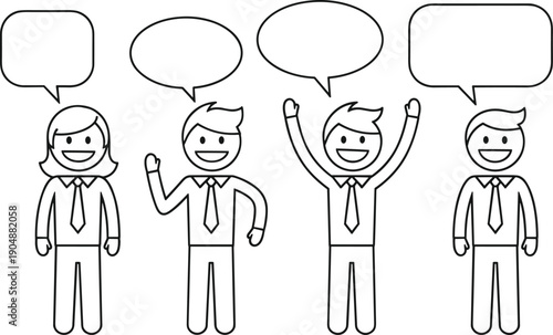 Vector, black, and, white, line, art, illustration, of, business, people, talking, with, blank, speech, bubbles, for, communication, office, teamwork, and, corporate, graphics