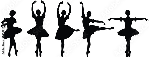 Vector, black, silhouettes, of, graceful, ballerinas, in, classical, ballet, tutus, performing, various, dance, poses, for, theater, performance, art, studio, and, movement, graphics