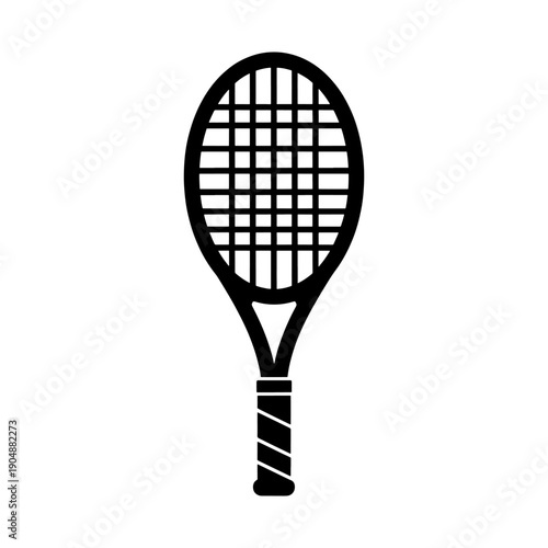 A black graphic of a tennis racket with detailed stringing silhouette