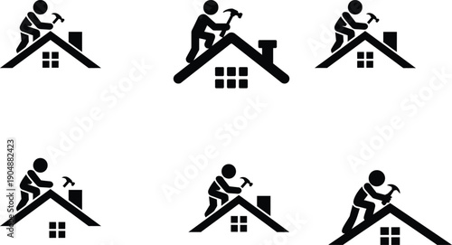 Roof Repair Worker Icons Set for Construction and Home Maintenance
