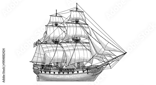 Vintage sailing ship with three masts and rigging.