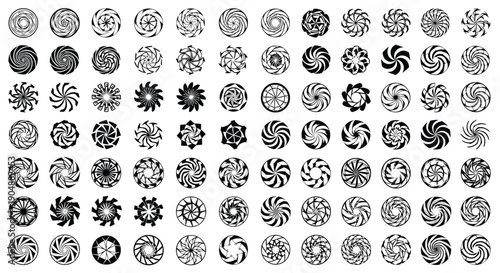 Vector, black, silhouettes, of, various, abstract, geometric, spiral, mandalas, and, circular, patterns, for, decorative, art, design, backgrounds, logos, and, creative, ornament, graphics