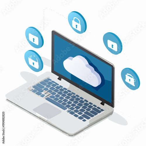 Isometric laptop with cloud on screen surrounded by circular representing digital locks and security protocols for online data protection and privacy