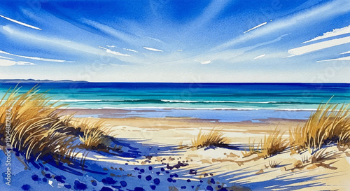 Beautiful watercolor painting of a sun-drenched beach with dunes and ocean waves under a clear blue sky, capturing the essence of a summer vacation