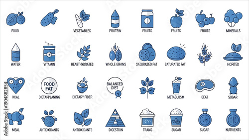 Nutrition Solid Icon Set with Food, Vitamins, Protein and Healthy Diet Symbols,