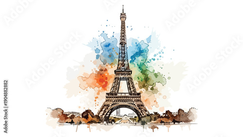 Eiffel Tower Paris Watercolor Splash Art with Silhouettes Vector Illustration
