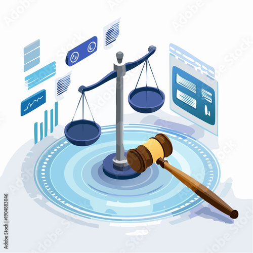 Dark blue scales of justice and a brown wooden gavel on a circular digital platform with data visualizations and holographic projections symbolizing the application of law in the digital age