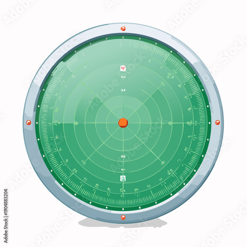 Close-up of a modern radar display with a green grid, red target indicator, and numerical markings against a white background, showcasing detection technology