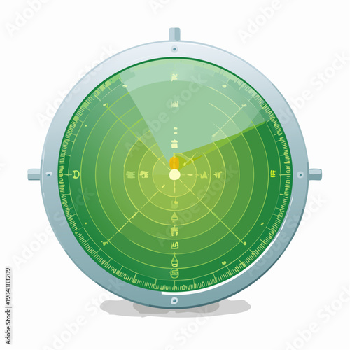 Vintage radar screen displaying green concentric circles, directional markers, and a bright yellow target indicator on a white background