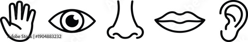 Human Sense Icons Set Showing Hand, Eye, Nose, Lips, and Ear