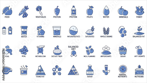 Nutrition Solid Icon Set with Food, Vitamins, Protein and Healthy Diet Symbols,